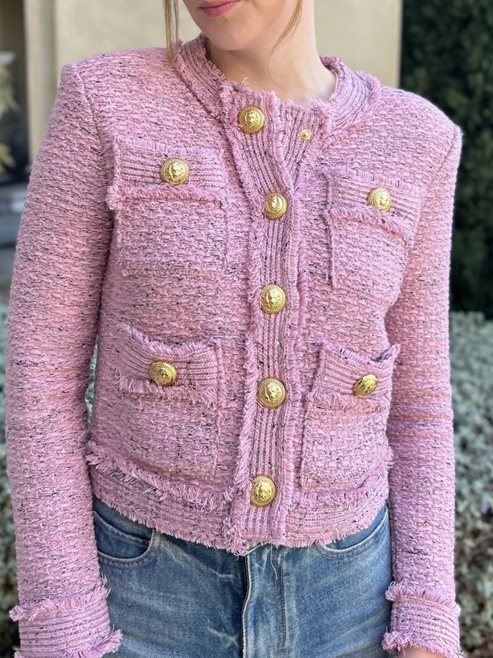Benaar LA Bethany Tweed Jacket with Gold Buttons in Pink